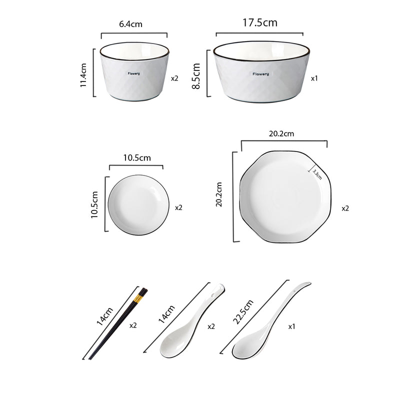 Diamond Pattern Ceramic Dinnerware Set of 8 White Plates Bowls Soup Server