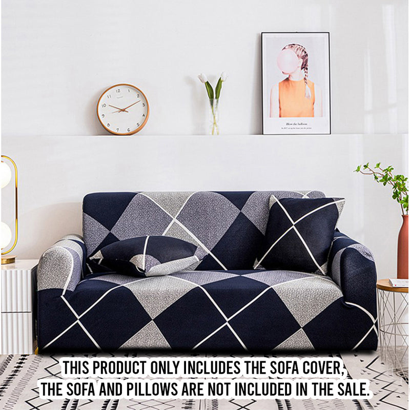 3 Seater Checkered Polyester Stretch Sofa Slipcover 195 To 230 Cm Blue