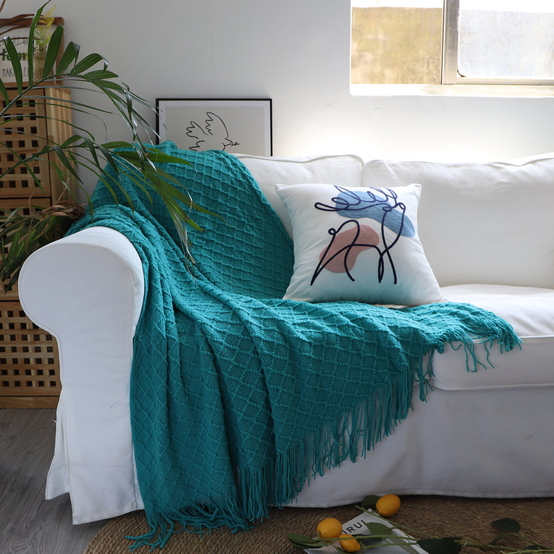 Teal Knitted Throw Blanket Diamond Pattern Tassels Cozy Home Decor 130x170cm