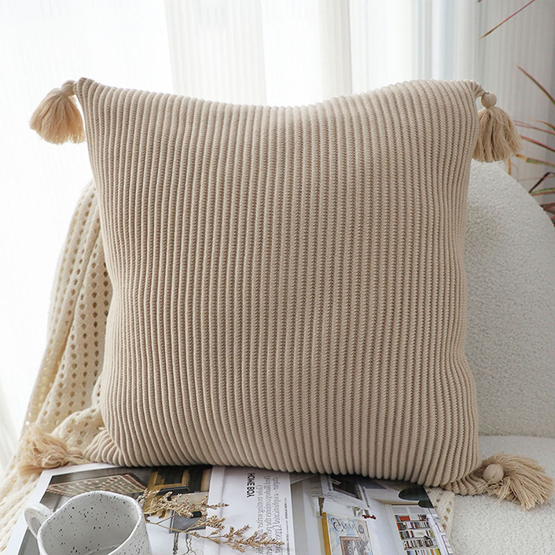 2X 45cm Square Velvet Throw Pillow Off White Striped Tassel Plush Cotton