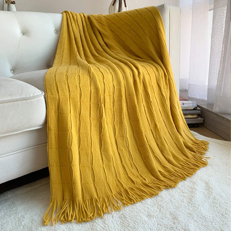 Mustard Knitted Throw Blanket 100% Acrylic Textured Cozy Home Decor With Tassels