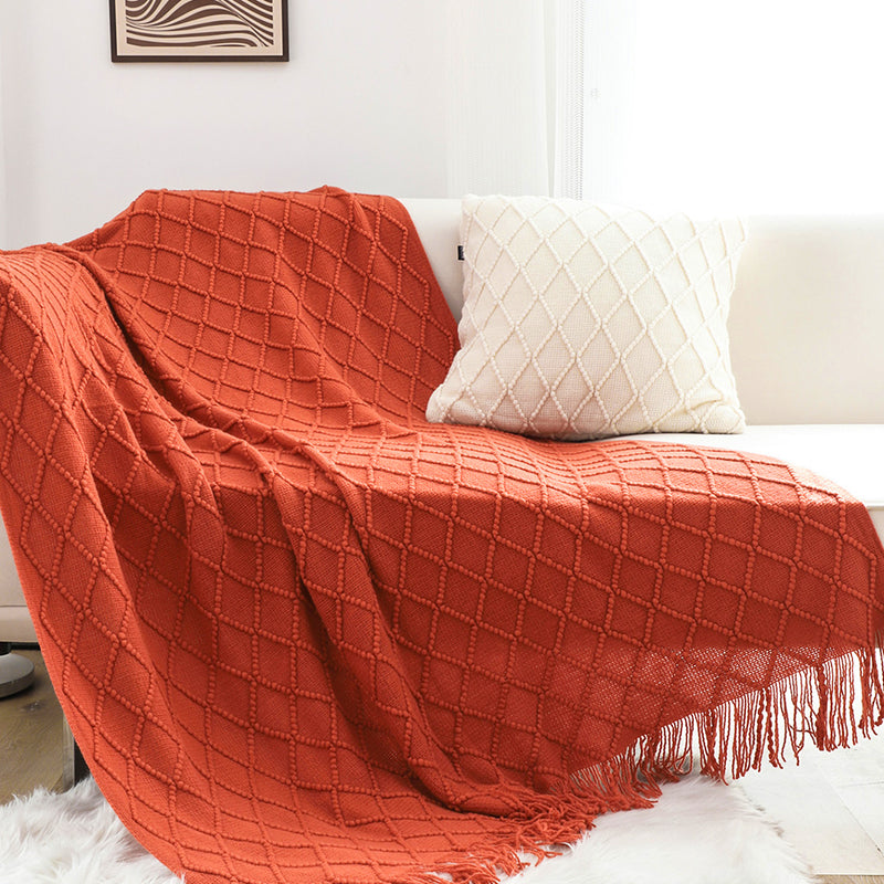 Knitted Throw Blanket 100% Acrylic 130cmx230cm Red Diamond Pattern Tassels
