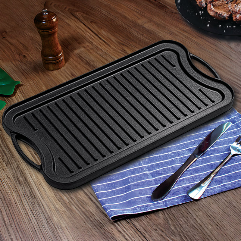 2X Cast Iron 50.8cm Ridged Reversible Griddle Grill Pan Pre Seasoned Nonstick
