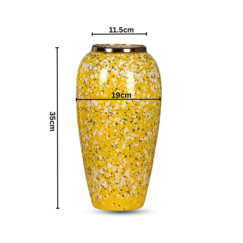 Large Ceramic Flower Vase Yellow with White Floral Design Elegant Home Decor