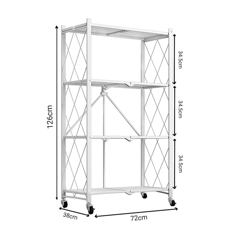 4 Tier Foldable Carbon Steel Kitchen Cart White Portable Storage Shelves Wheels