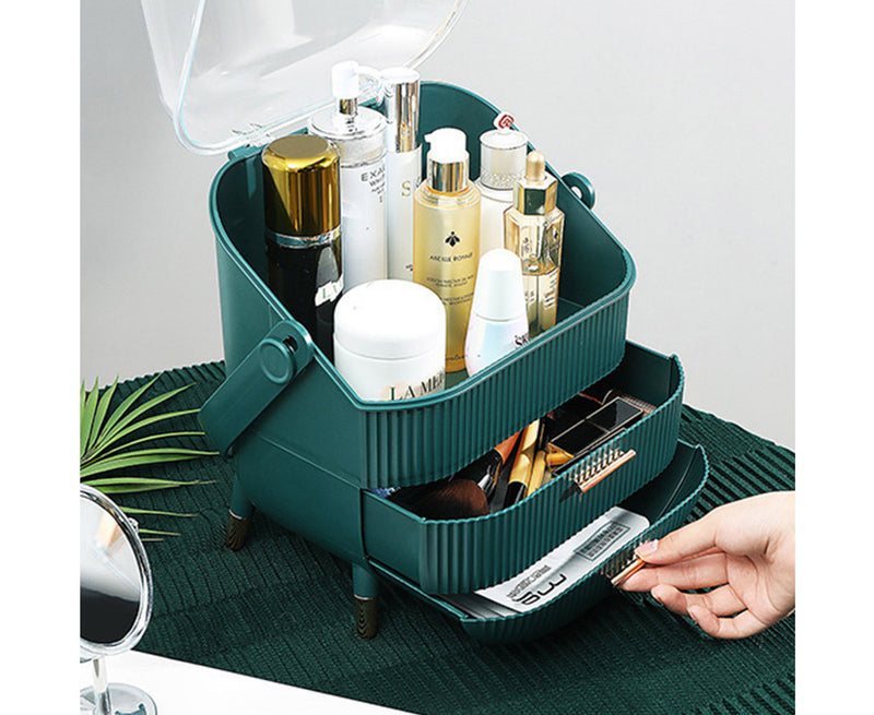 Green Vanity Tabletop Organizer with Antler LED Mirror Makeup Storage Set