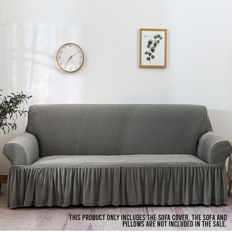 3-Seater Grey Polyester Sofa Cover Ruffled Skirt Stretchy Protector