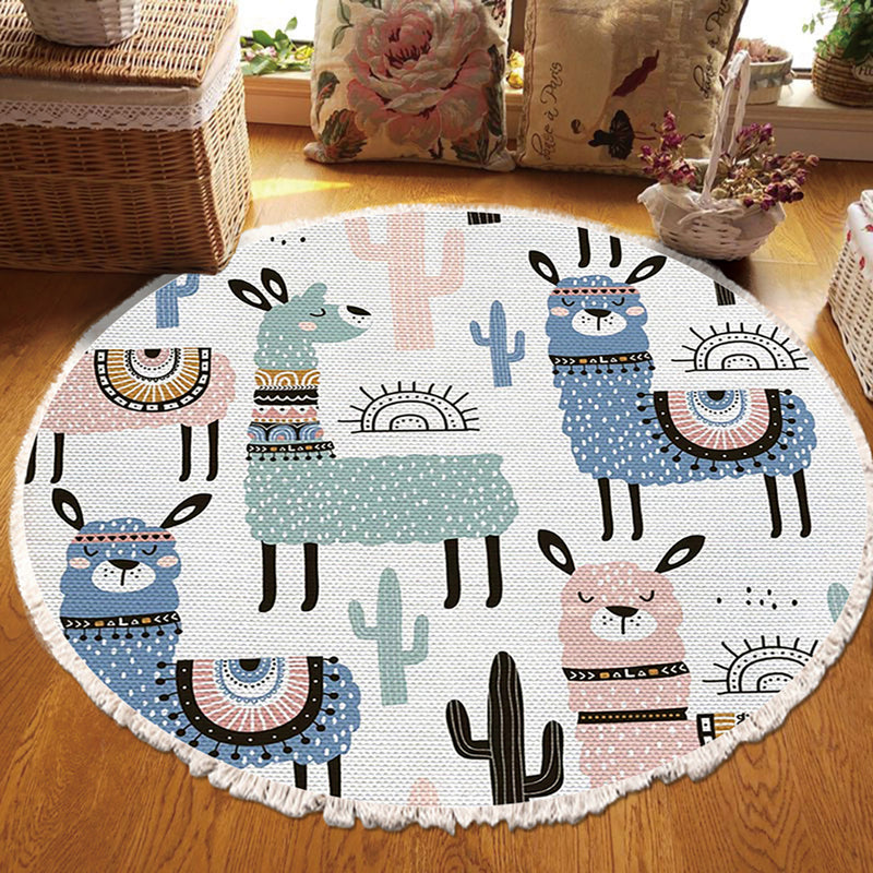 120cm Round Polyester Rug Alpaca Cactus Pattern Multicolor Non Slip Backing