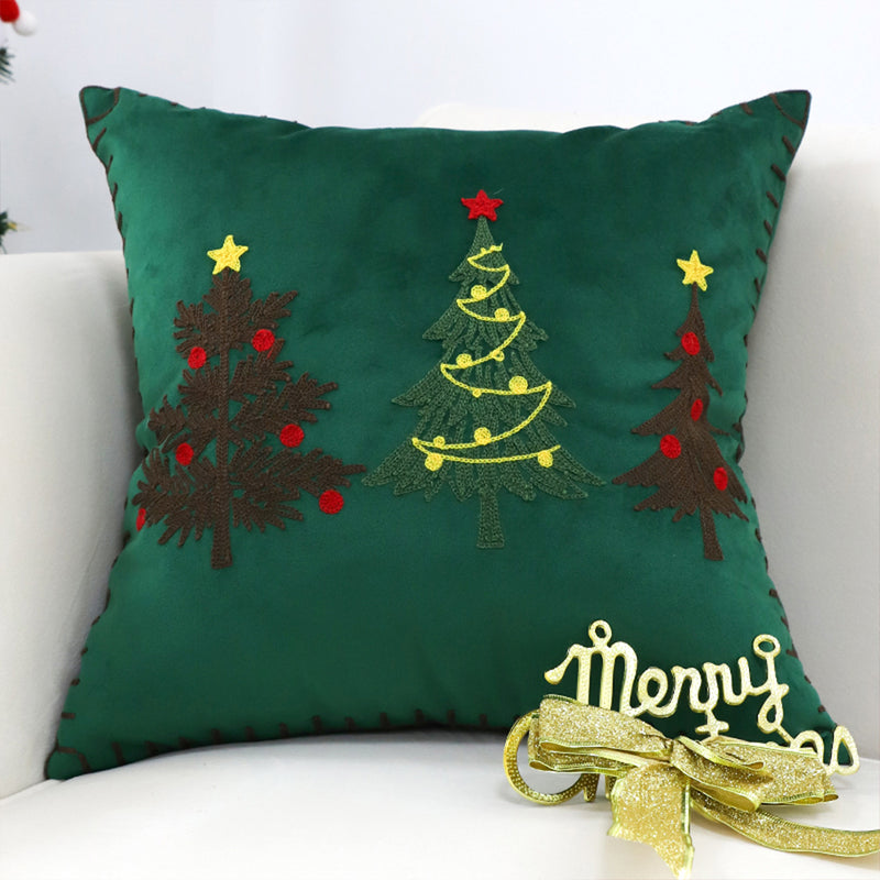 Square Throw Pillow Plush Polyester 45x45cm Embroidered Christmas Trees Green