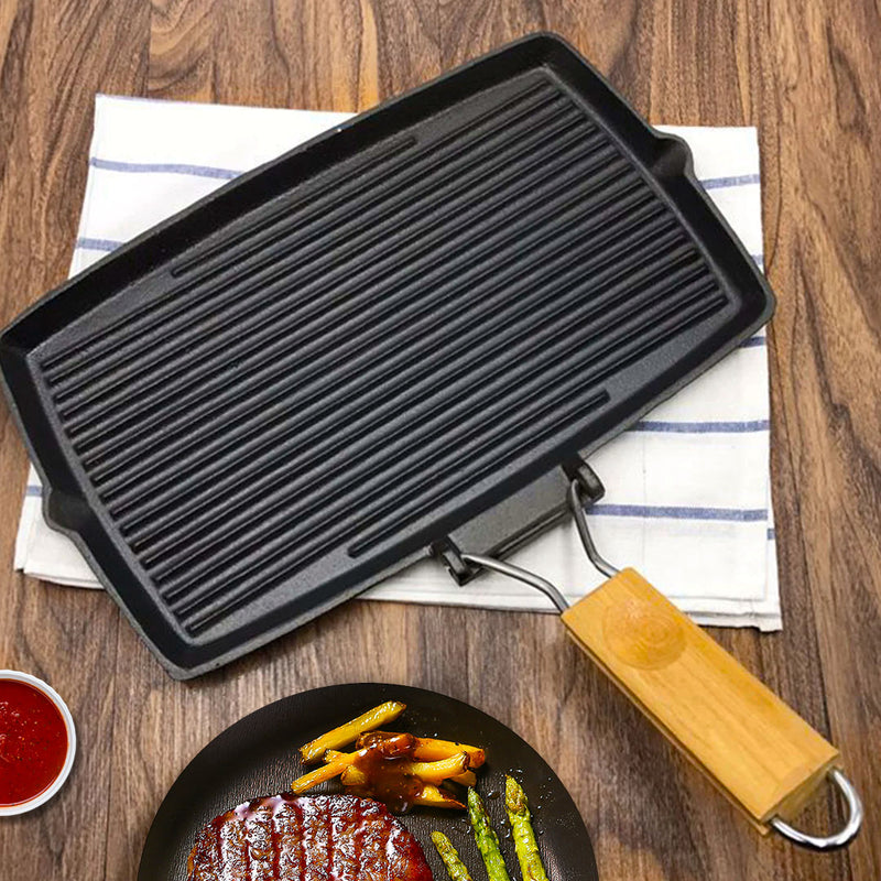 2X 20.5cm Rectangular Cast Iron Grill Pan Folding Wooden Handle Black
