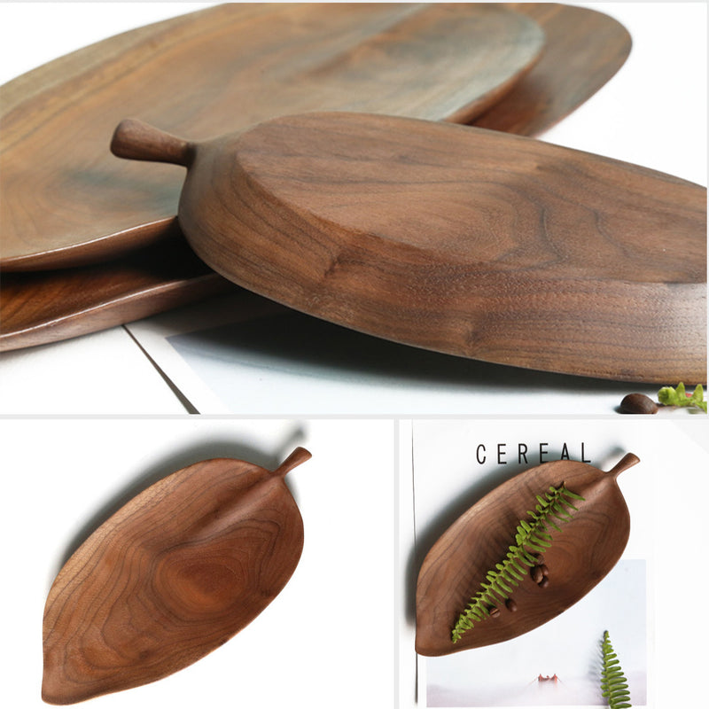 Set of 2 Walnut Leaf Shape Acacia Wood Tray Serving Board Paddle Home Decor