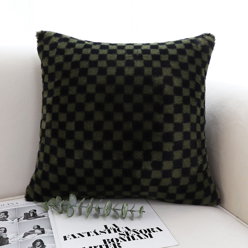 2X Velvet Square Throw Pillow 45cm Dark Green Checkered Soft Sofa Cushion