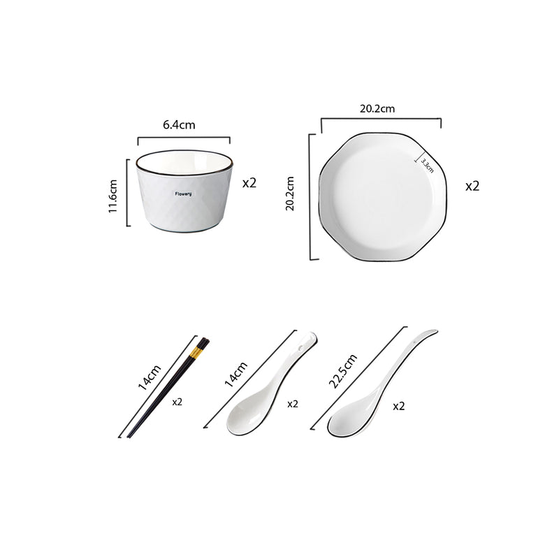 Diamond Ceramic Dinnerware Set White 4.5 Inch Bowls 8 Inch Plates Set of 4