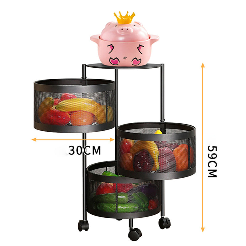 3 Tier Carbon Steel Rotating Kitchen Cart With Caster Wheels Black 60cm