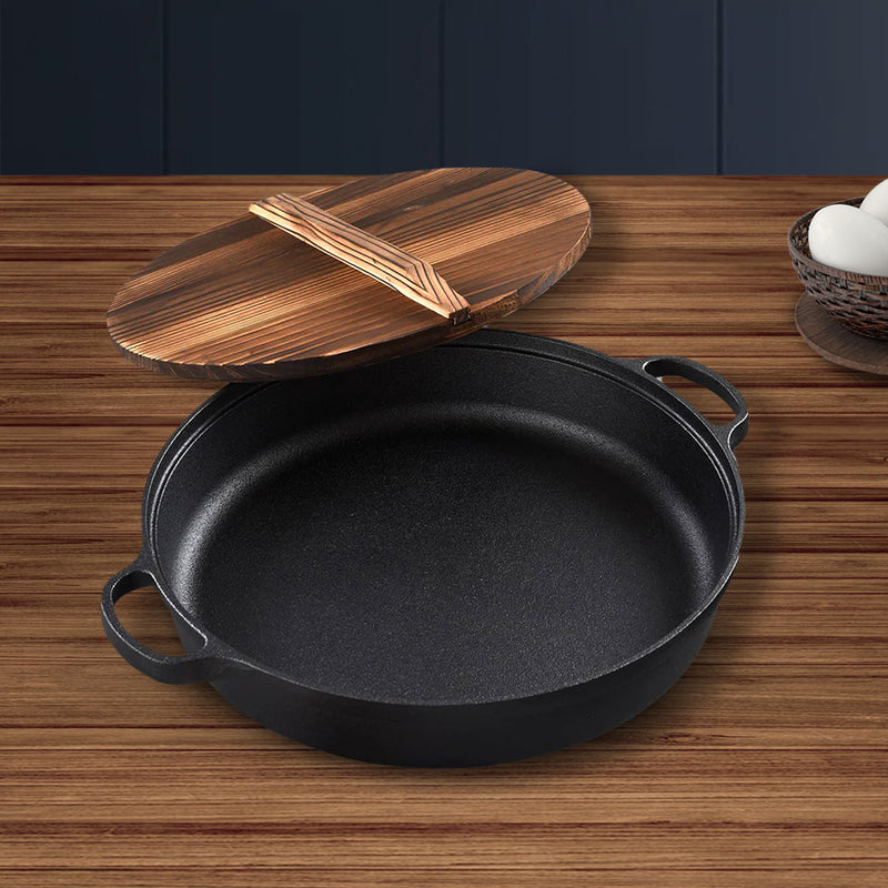 35cm Round Cast Iron Deep Pan Skillet Preseasoned Wooden Lid Black