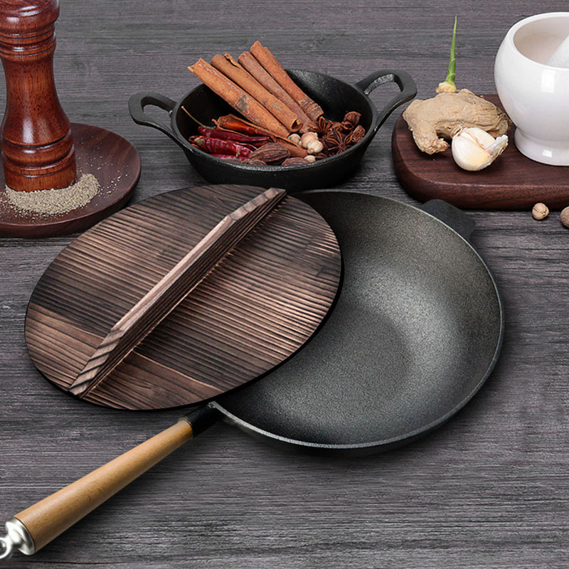 31cm Cast Iron Wok Fry Pan Pre Seasoned Induction Oven Safe Long Handle Black