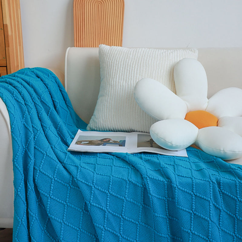 Blue Knitted Throw Blanket 100 Percent Acrylic Diamond Pattern Tassels Home Decor