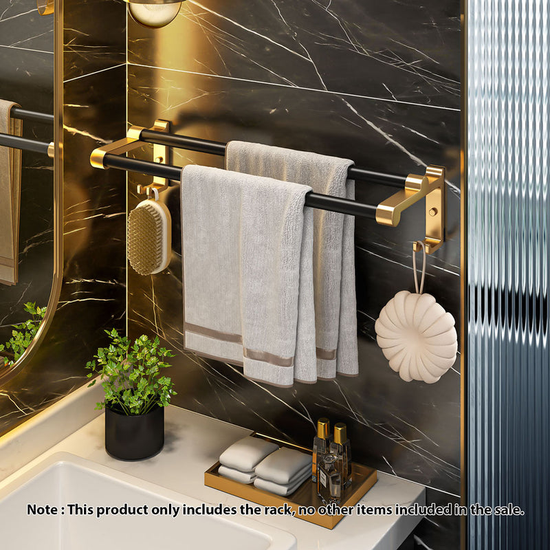 61cm Aluminum Wall Mounted Double Pole Towel Rack With Hooks Black Gold