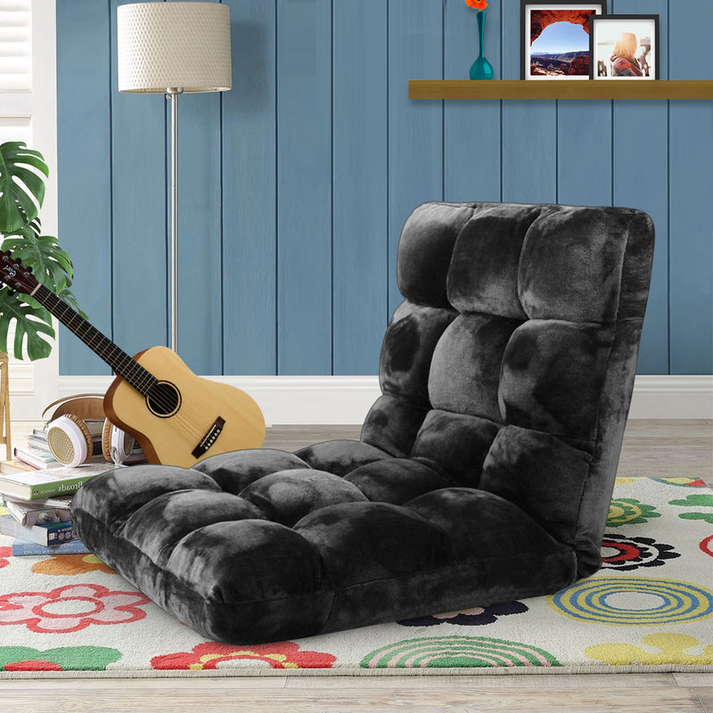2X Folding Floor Recliner Flannel Lounge Sofa Chair 6 Positions Black