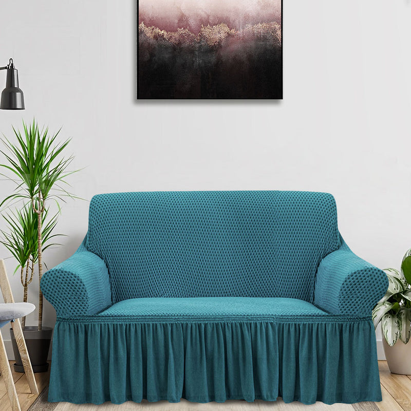 2-Seater Blue Sofa Cover Ruffled Skirt Stretchy Couch Protector 145-185cm