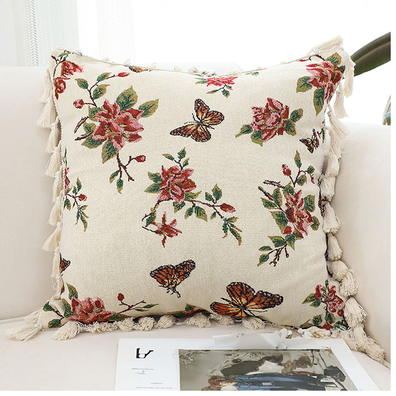 45cm Cream Vintage Velvet Throw Pillow Tassel Cushion Home Decor