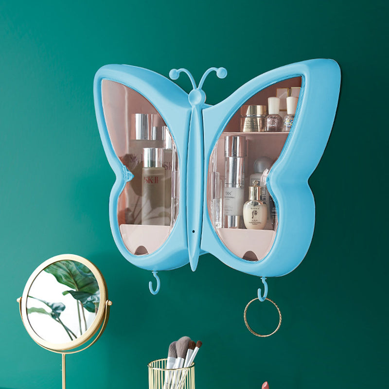 2X Blue Butterfly Wall Mounted Plastic Makeup Organizer Waterproof Dustproof