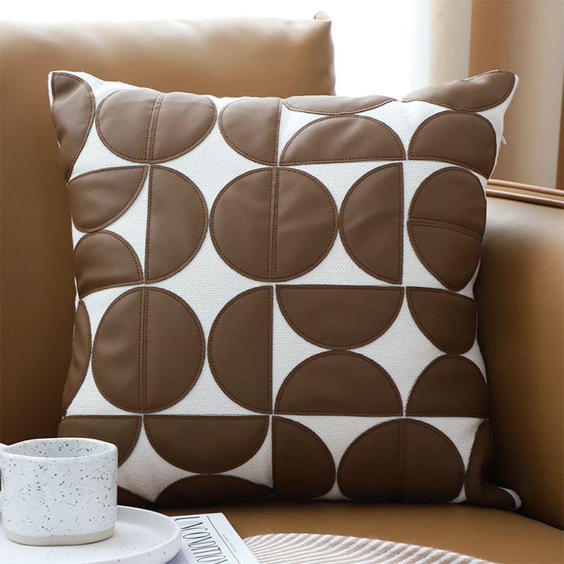 Brown Leather Square Pillow 45cm Half Moon Patchwork Decorative Cushion