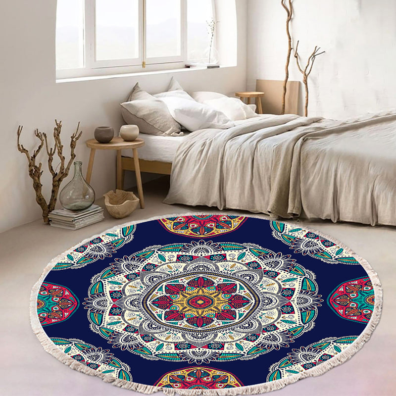 90cm Round Mandala Area Rug Polyester Non Slip Backing Blue