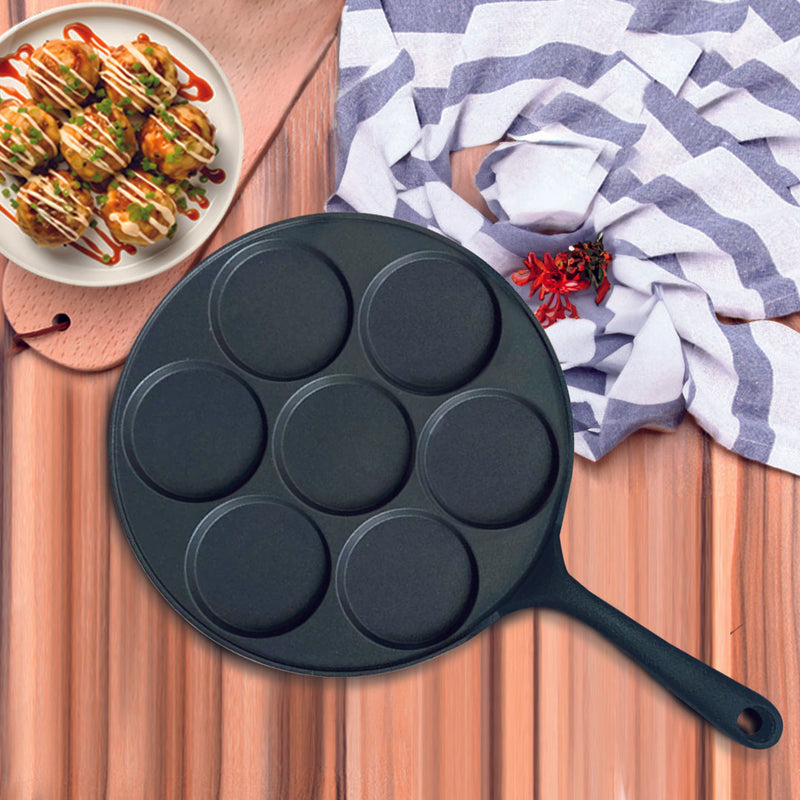 Cast Iron Takoyaki Fry Pan 7 Hole Mold 23cm Nonstick Skillet for Octopus Balls