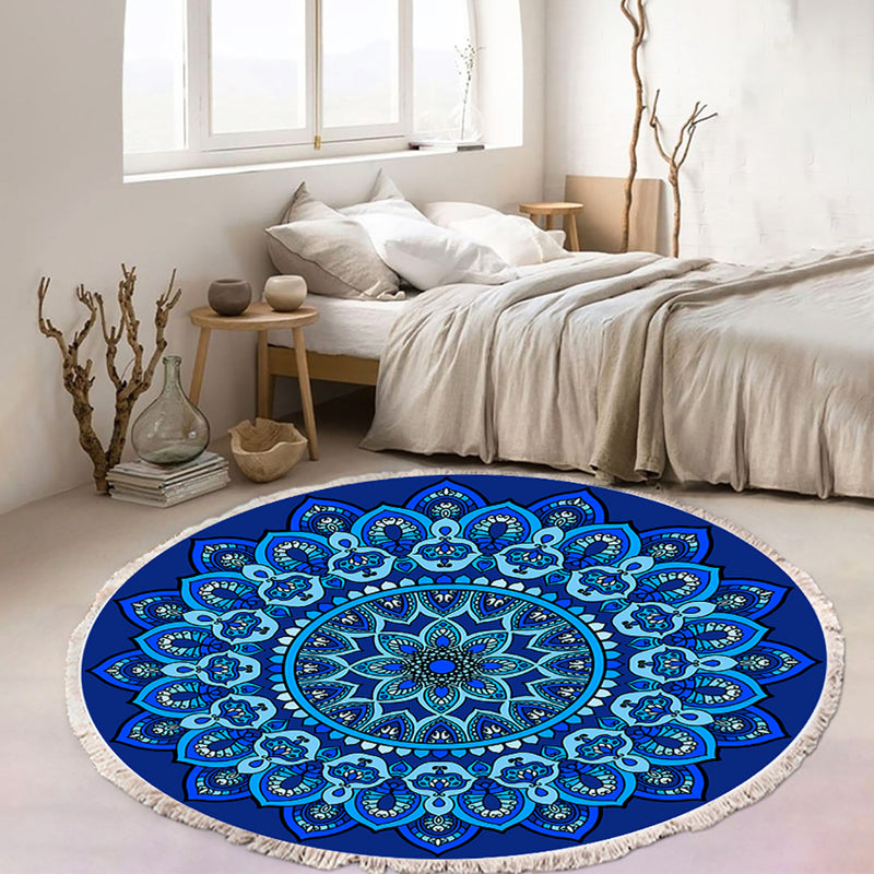 2X 90cm Round Mandala Polyester Rug Anti Slip Blue Living Room Bedroom
