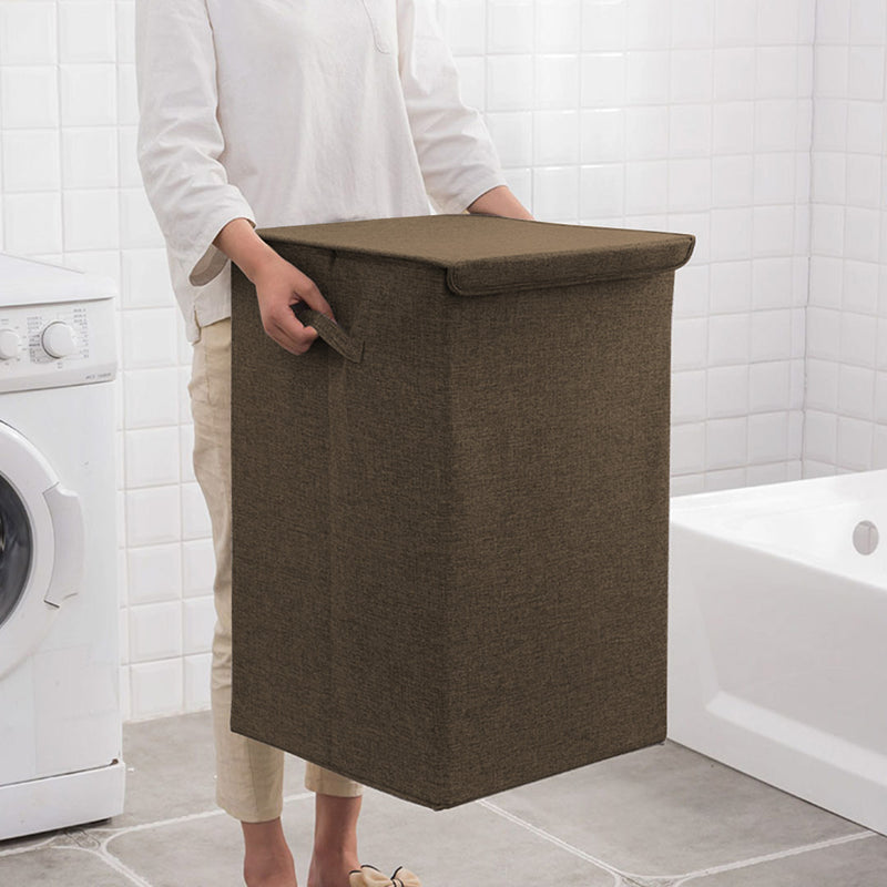 Medium Foldable Canvas Laundry Hamper Basket Storage Box With Lid Coffee 34cm