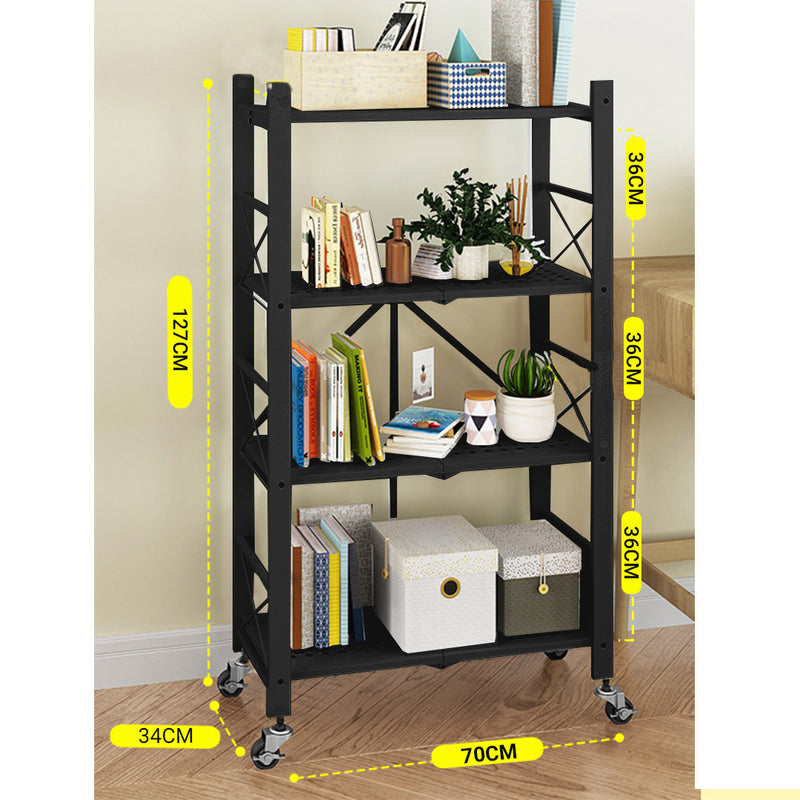 4 Tier Foldable Carbon Steel Storage Cart With Wheels Black 20kg Per Shelf