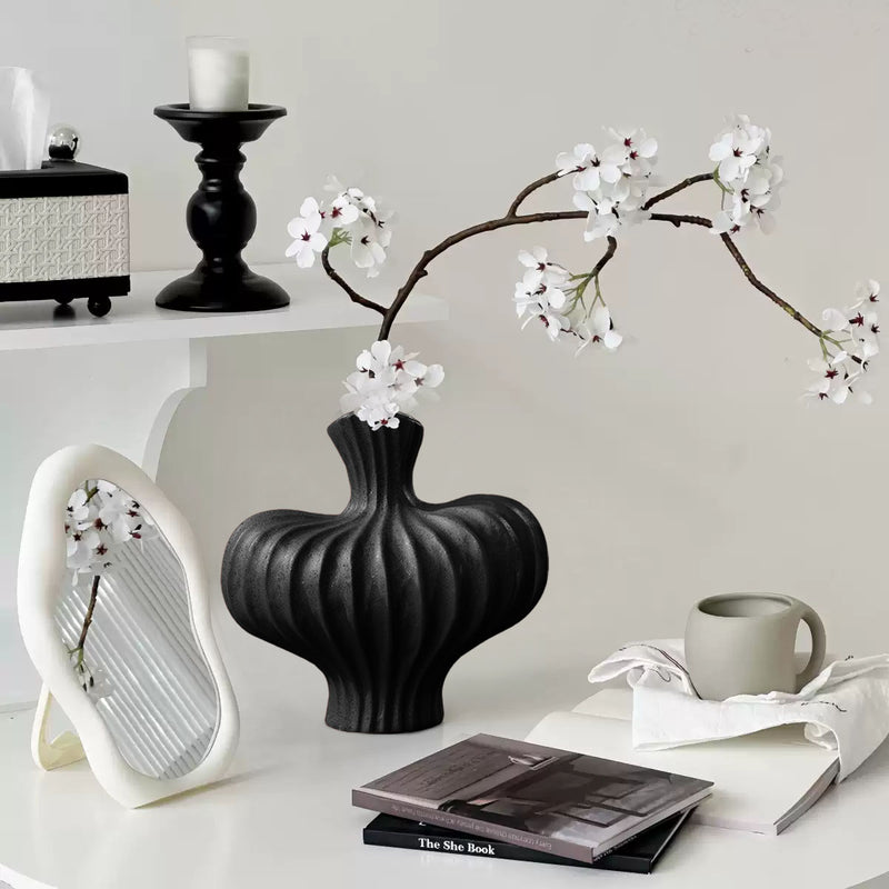Small Matte Black Ceramic Ornament Vase 25X24cm Countertop Decor