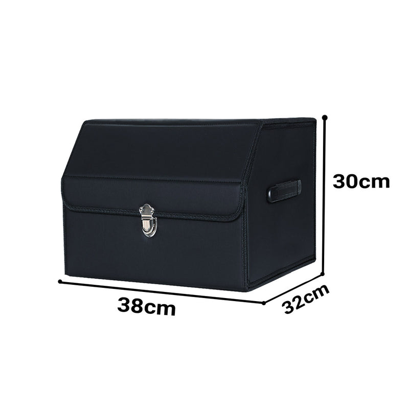 2X Leather Collapsible Foldable Car Boot Organizer Box With Lock Black Small