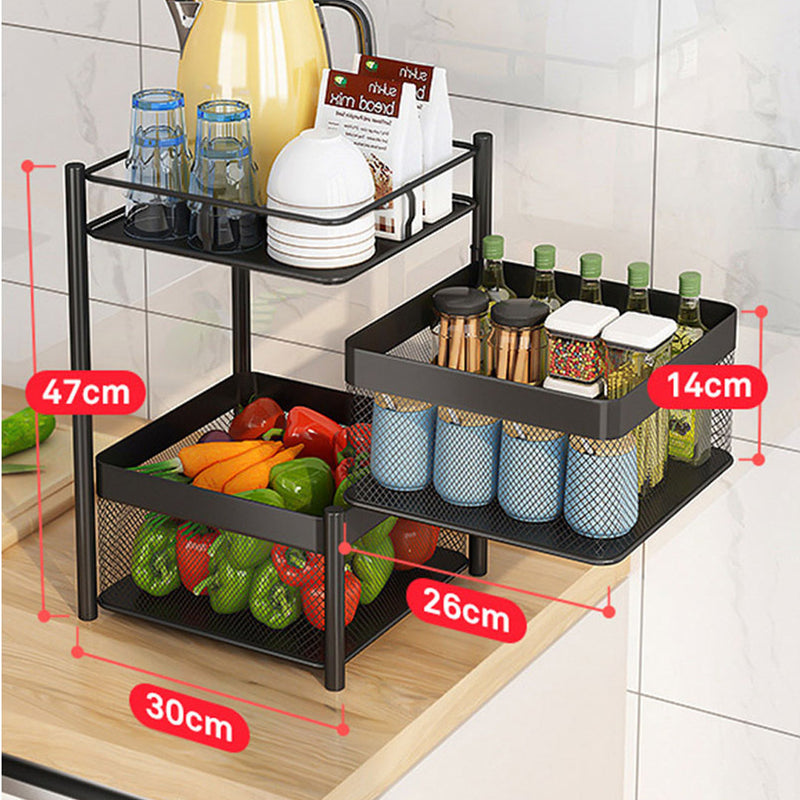 2 Tier Carbon Steel Kitchen Cart 30cm X 30cm X 49cm Rotating Mesh Black Wheels