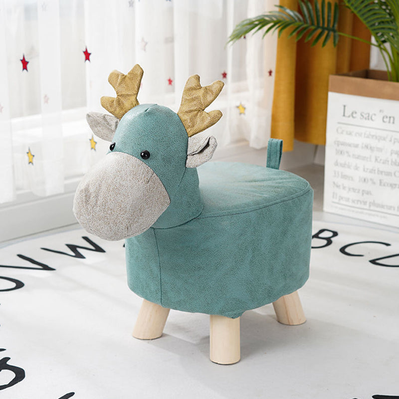 Kids Round Ottoman Stool Deer Character Polyurethane Sponge Pine 28x26cm Green