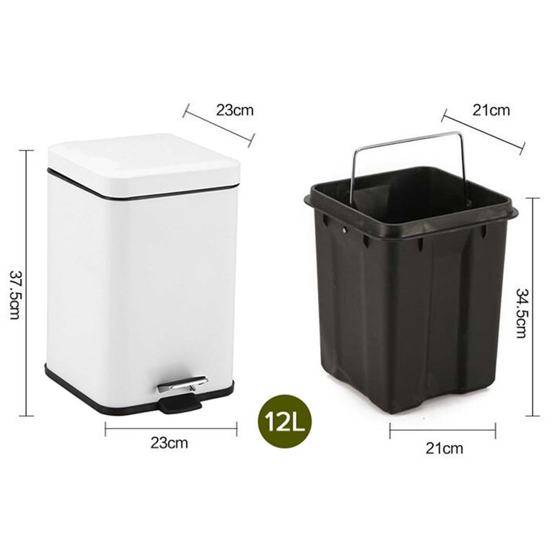 Foot Pedal 12L Square White Stainless Steel Trash Bin Hands-Free Soft Close