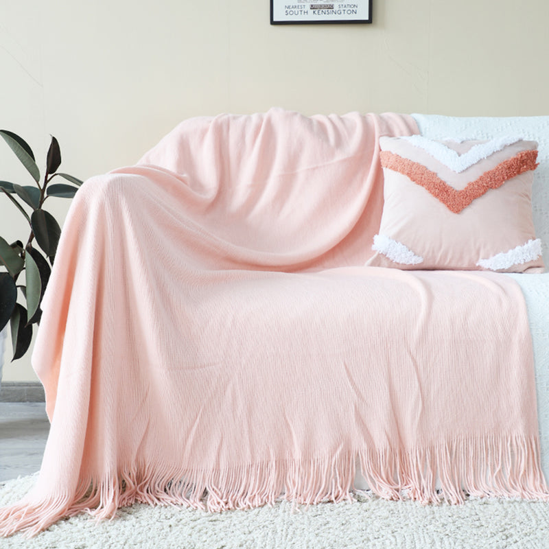 Pink Acrylic Knitted Throw Blanket 130x220cm Fringed Cozy Home Decor
