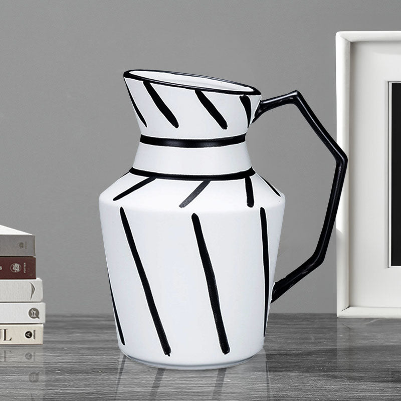 Modern Ceramic Pitcher Vase 23.5x19.5cm Black White Striped Geometric Handle