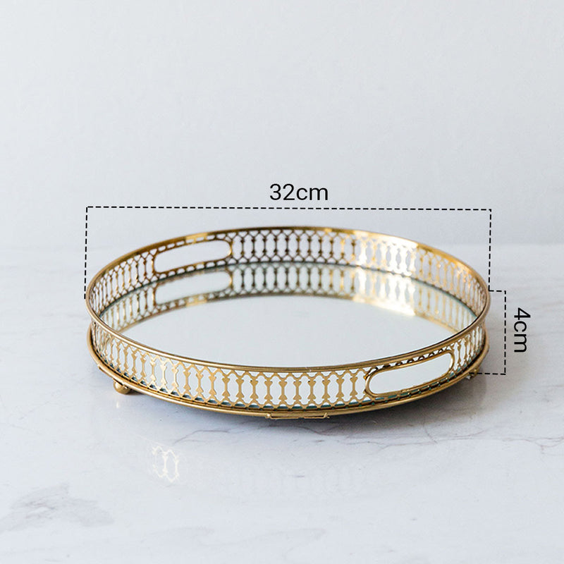 Gold 32cm Round Mirror Vanity Tray Glass Metal Makeup Jewelry Organizer