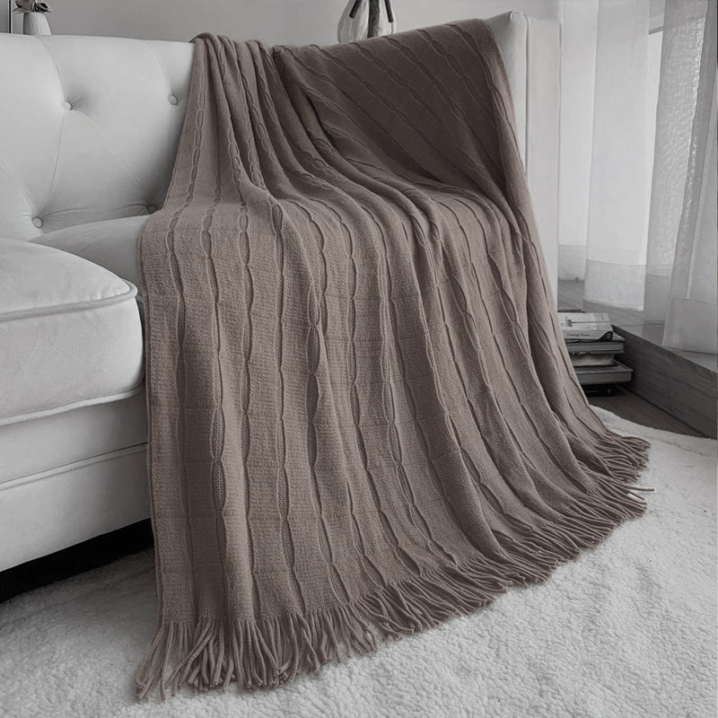 2X Knitted Throw Blanket 100% Acrylic 130x170cm Textured Cube Tassels Coffee
