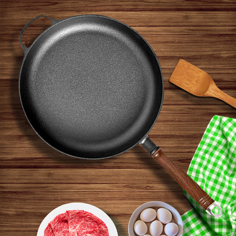 2X 29cm Cast Iron Frying Pan Skillet Non-Stick Sizzle Platter With Handle
