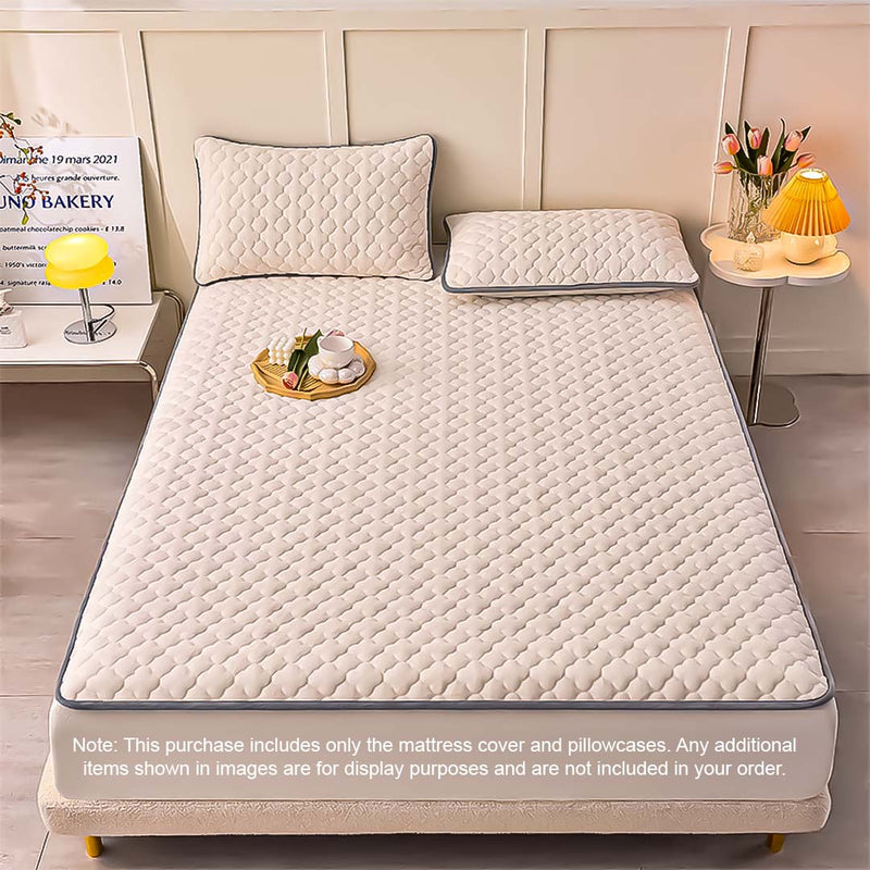 Beige Quilted Fleece Mattress Cover 138cm Wide with 2 Pillow Covers