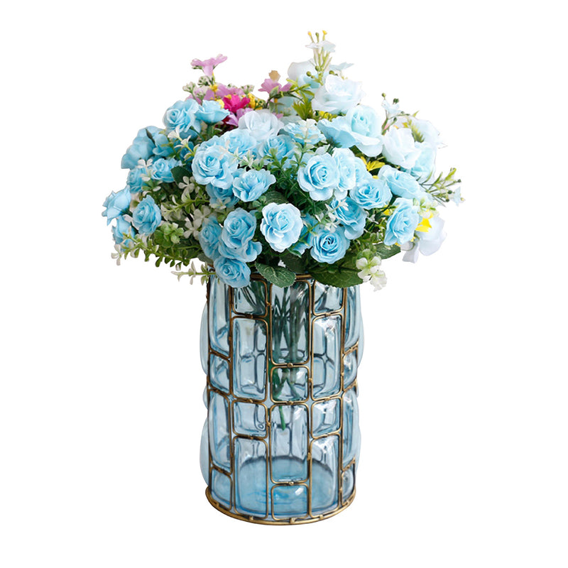Blue Glass Flower Vase Gold Metal Pattern Home Decor 11x11x23cm Indoor Outdoor