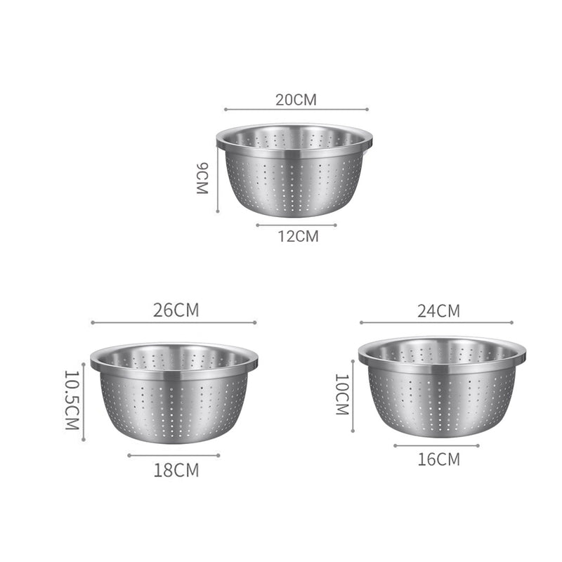 18/10 Stainless Steel Nesting Perforated Colander Set of 3 20cm 24cm 26cm Silver