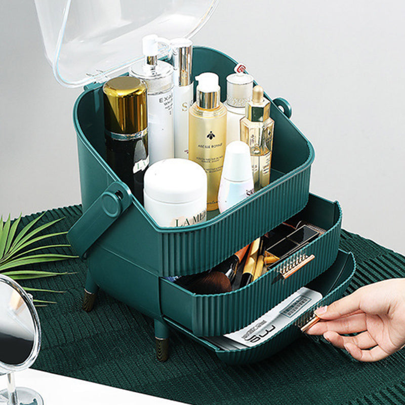 29cm Green Plastic Countertop Makeup Organizer Lid Handle Drawers For Skincare