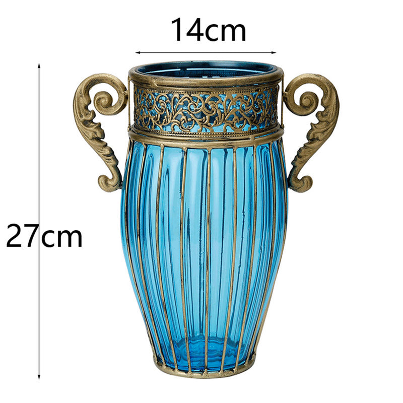 Blue Glass And Gold Metal Vase With Silk Rose Bouquet 4 Bunch 11 Heads Set