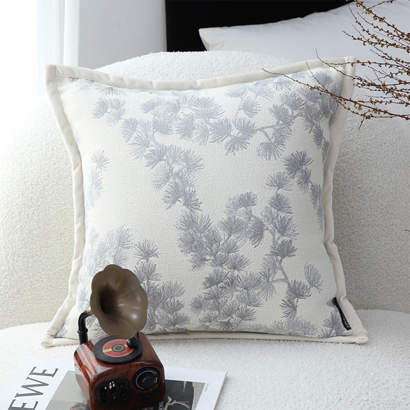 Cream White Throw Pillow 45cm Wide Border Branch Pine Needle Pattern Decor