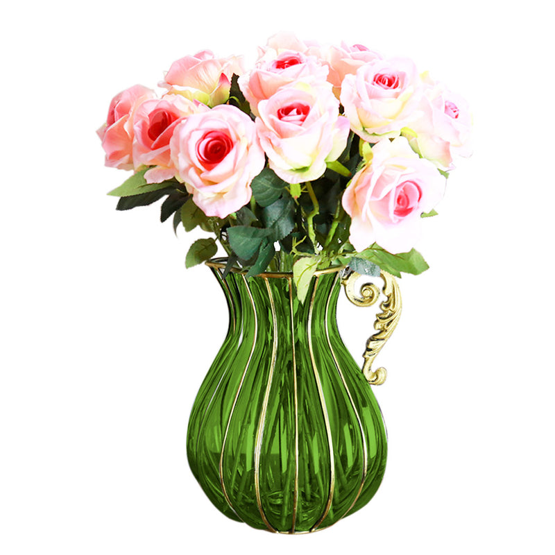 Green Glass Flower Vase 16cm x 29cm Gold Metal Handle Home Decor