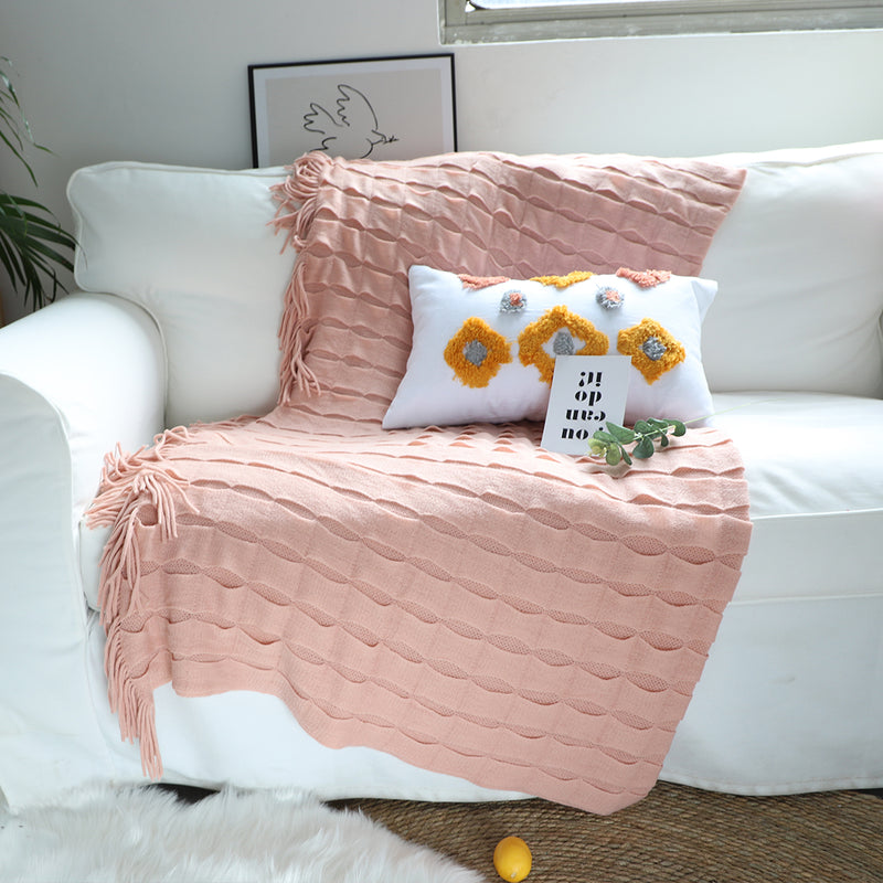2X Pink Textured Knitted Throw Blanket 100 Acrylic Cozy Home Decor with Tassels